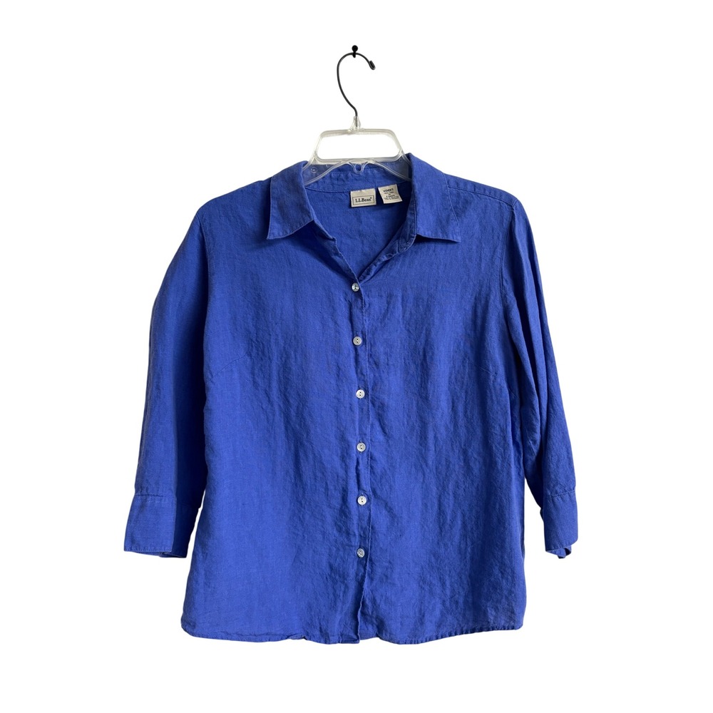 LL Bean Womens Linen Button Down Shirt Blue 3/4 Sleeve Size Medium Preppy